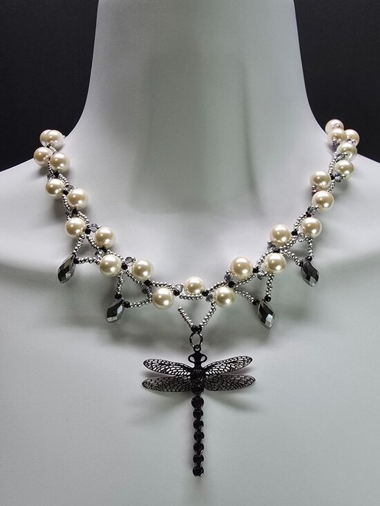 Handcrafted .925 Sterling Silver Glass Pearl Monochrome Dragonfly Pendant Unique - Picture 1 of 11